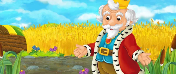 Cartoon scen med kung gå genom betesmarker eller prata med någon utanför scenen - illustration för barn — Stockfoto