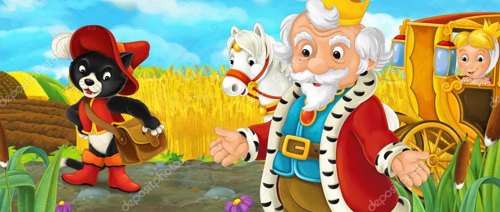 Scène Du Dessin Animé Avec Le Couple Royal Avec Chat Habillé