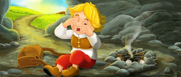 Мультфильм сцены молодого путешественника, просыпающегося в пещере во время путешествия - винтажный человек - иллюстрация для детей — стоковое фото