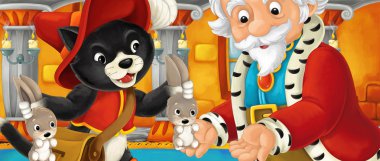 Kral onun kale ziyaret ve giving onu tavşan - karikatür kedi illüstrasyon çocuklar için