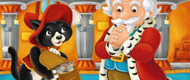 Onu tavşan - vererek onun kale illüstrasyon çocuklar için karikatür kedi ziyaret Kral