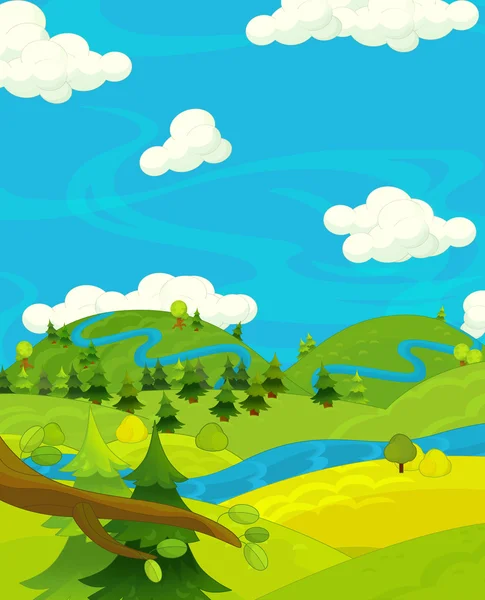 Мультфильм счастливая сцена природы с рекой — стоковое фото