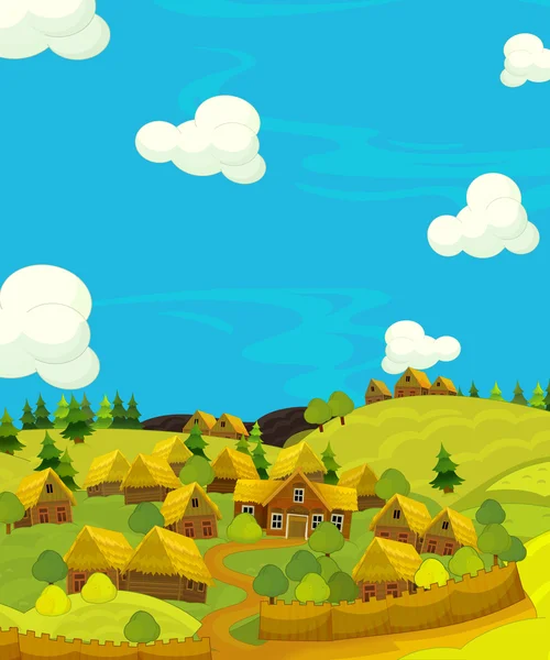 Cartoon happy scene with wooden houses — Stock Photo, Image