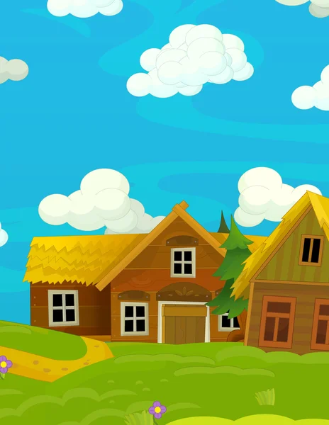 Dessin animé scène heureuse avec des maisons en bois — Photo