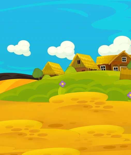 Cartone animato scena felice con case in legno — Foto Stock