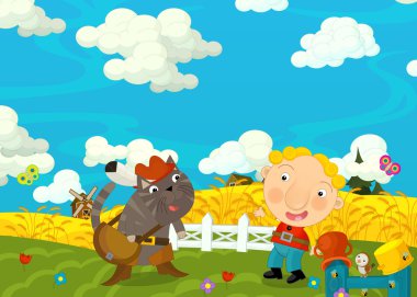 Çocuk ve kedi - çocuklar için - birlikte konuşan - arkadaşlar illüstrasyon karikatür mutlu ve komik sahne 