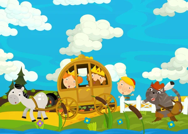 Cena de desenhos animados com casal real dirigindo através dos pastos - ilustração para crianças — Fotografia de Stock