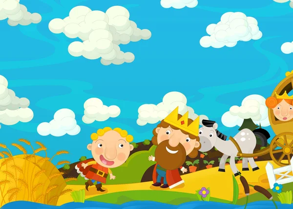 Kreskówka scena z rodziny królewskiej na wycieczkę - szczęśliwy i śmieszne ilustracja dla dzieci — Zdjęcie stockowe
