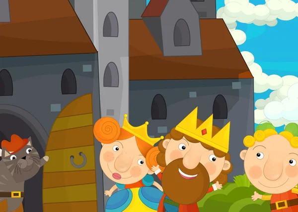 Kreslené scény s kočkou pozdrav královský pár u hradu - ilustrace pro děti — Stock fotografie