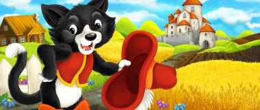 Çizgi film sahne - kaleye hill - çocuklar için illüstrasyon seyahat eden kedi
