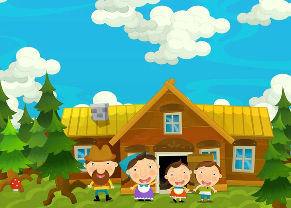 Desenhos animados cena fazenda feliz e engraçado com jovem par de crianças - irmão e irmã - ilustração para crianças — Fotografia de Stock