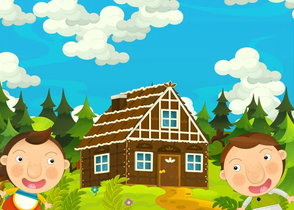 Cartoon šťastný a funny farm scénu s mladým párem děti - bratr a sestra - ilustrace pro děti — Stock fotografie