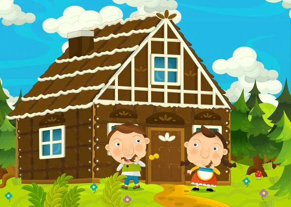 Desenhos animados cena fazenda feliz e engraçado com jovem par de crianças - irmão e irmã - ilustração para crianças — Fotografia de Stock