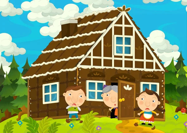 Cartoon happy and funny farm scene with young pair of kids - brother and sister - illustration for children — Stock Photo, Image