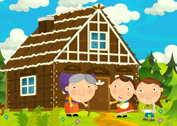 Dibujos animados feliz y divertida escena de la granja con un par de niños - hermano y hermana - ilustración para los niños —  Fotos de Stock