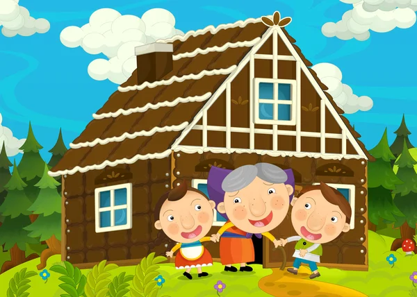 Cartoon happy och funny farm scen med unga par barn - bror och syster - illustration för barn — Stockfoto