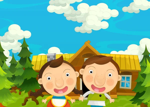 Cartoon gelukkig en grappig boerderij scène met jonge paar kinderen - broer en zus - illustratie bij kinderen — Stockfoto
