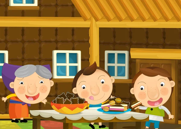 Cartoon scene with pair of kids in the grandma's house - illustration for children — Stock Photo, Image