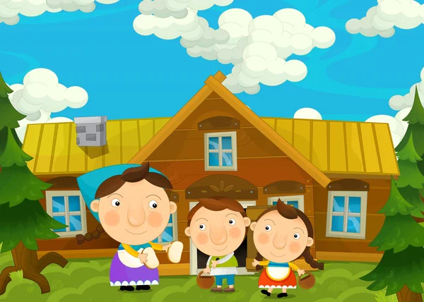 Cartoon happy and funny farm scene with mother and children - illustration for children — Stock Photo, Image