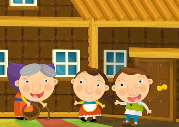 Cartoon scène met paar van kinderen in het huis van de oma's - illustratie voor kinderen — Stockfoto