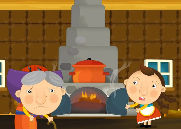 Dessin animé scène traditionnelle heureuse et drôle avec jeune fille et grand-mère - illustration pour enfants — Photo