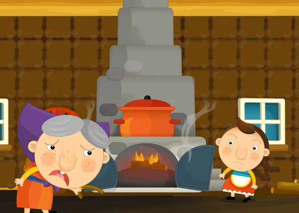 Desenhos animados feliz e engraçado cena tradicional com menina e avó - ilustração para crianças — Fotografia de Stock