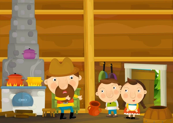 Cartone animato scena tradizionale felice e divertente con la famiglia nella vecchia casa - illustrazione per bambini — Foto Stock