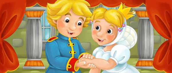 La escena de dibujos animados del rey y la reina tomados de la mano en el amor - ilustración para los niños —  Fotos de Stock