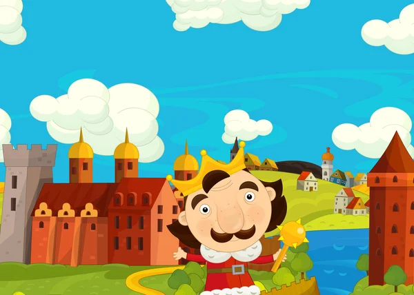 Средневековая сцена с королем перед его замком — стоковое фото