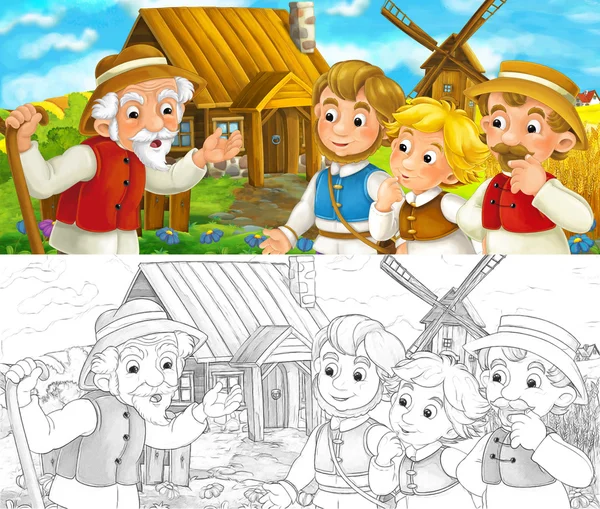 Vackert färgade scen med seriefigur - gubbe står och pratar till grupp människor - vänner eller familj - väderkvarn i bakgrunden - illustration för barn — Stockfoto