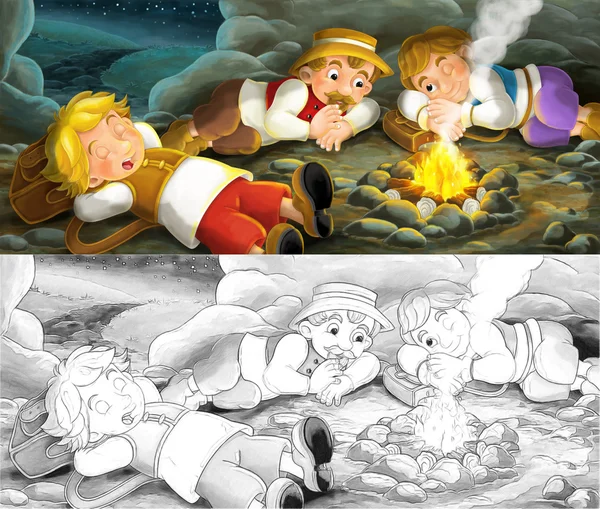 Escena de dibujos animados de viajeros durmiendo en la cueva - gente de aspecto vintage - ilustración para niños —  Fotos de Stock