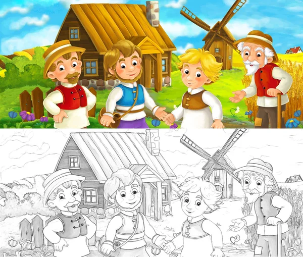 Vackert färgade scen med seriefigur - gubbe står och pratar till grupp människor - vänner eller familj - väderkvarn i bakgrunden - illustration för barn — Stockfoto