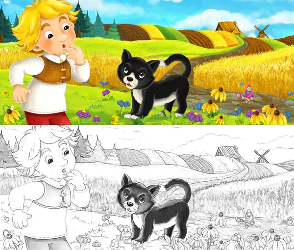 Campesino y un gato en el prado divirtiéndose — Foto de Stock