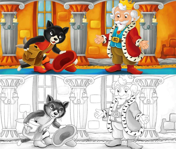Gato dos desenhos animados visitando rei em seu castelo — Fotografia de Stock