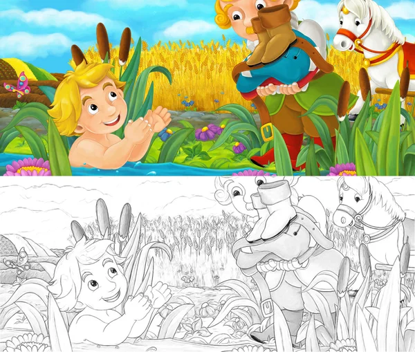 Cartoon scene with prince and servant by the water - illustration for children — Stock Photo, Image