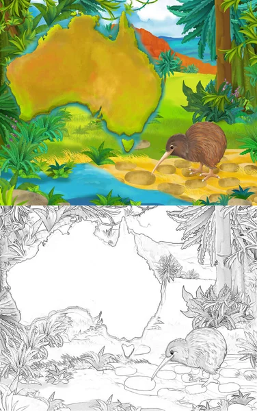 Scena Rysunkowa Szkicem Ptaka Kiwi Mapą Kontynentu Ilustracja Dla Dzieci — Zdjęcie stockowe