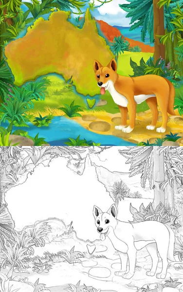 Zeichentrickskizze Szene Mit Dingo Mit Kontinentalkarte Illustration Für Kinder — Stockfoto