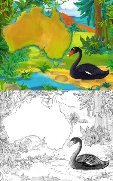 Scène Dessin Animé Avec Croquis Oiseau Cygne Noir Avec Carte — Photo