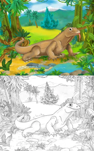 Scène Dessin Animé Avec Croquis Avec Lézard Komodo Illustration Pour — Photo