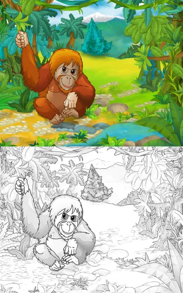 Cartoon Skica Scéna Náčrtem Orangutanem Ilustrace Pro Děti — Stock fotografie