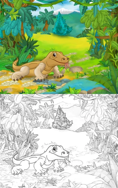 Scena Rysunku Kreskówki Szkicem Zwierzęciem Jaszczurki Komodo Ilustracja Dla Dzieci — Zdjęcie stockowe