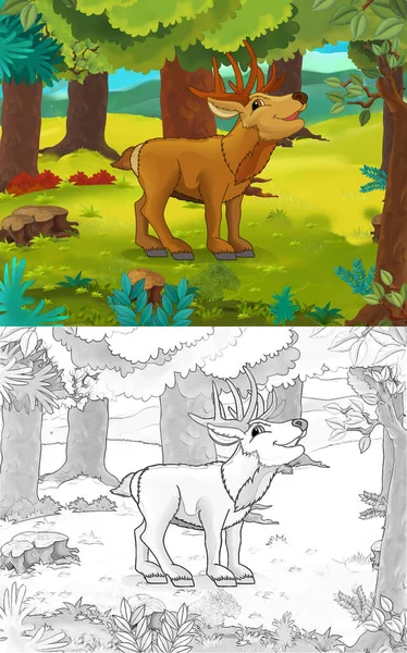 鹿のトナカイの動物とのスケッチで漫画のスケッチシーン 子供のためのイラスト — ストック写真