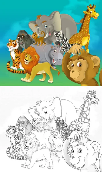 cartoon sketch scene with different animals like in zoo - illustration for children