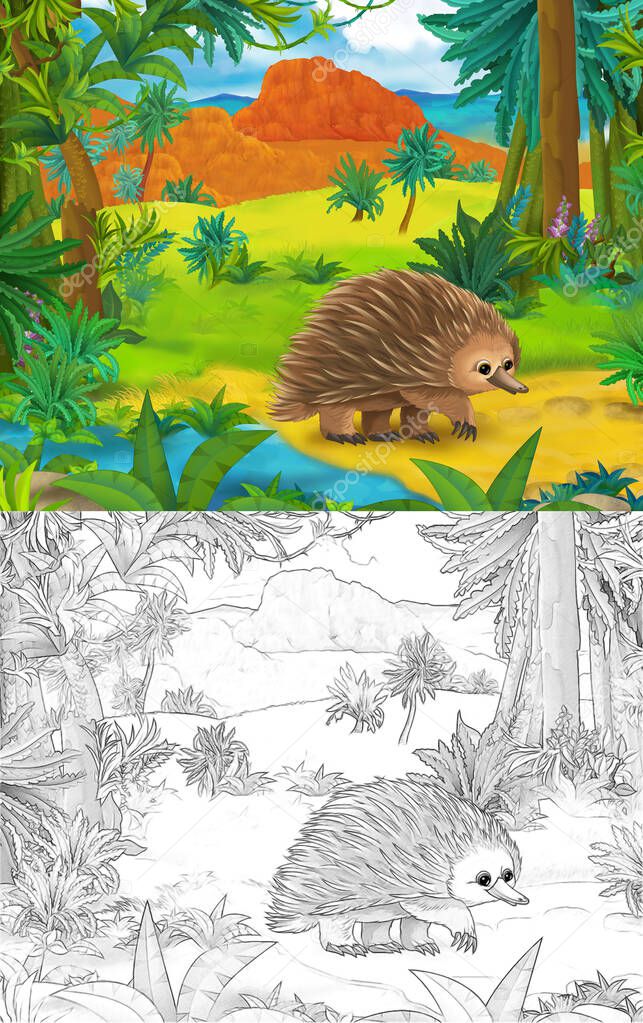 Cartoon scene with sketch porcupine hedgehog with continent map - illustration for children