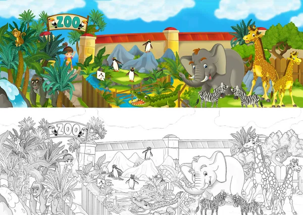 Escena Del Zoológico Dibujos Animados Con Dibujo Ilustración Del Parque — Foto de Stock