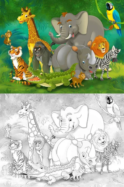 Cena Zoológico Desenhos Animados Com Esboço Estágio Selva Com Diferentes — Fotografia de Stock