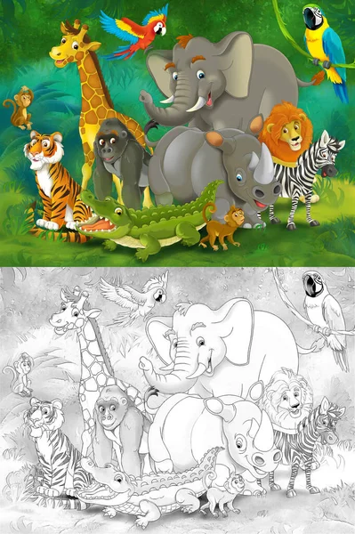 Zeichentrickzoo Szene Mit Sketch Dschungel Mit Verschiedenen Tieren Für Kinder — Stockfoto