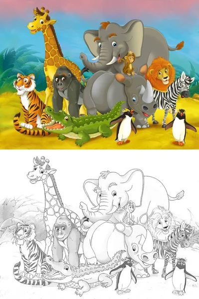 Cartoon Zoo Scene Sketch Jungle Stage Different Animals Illustration Children — Stock Photo, Image