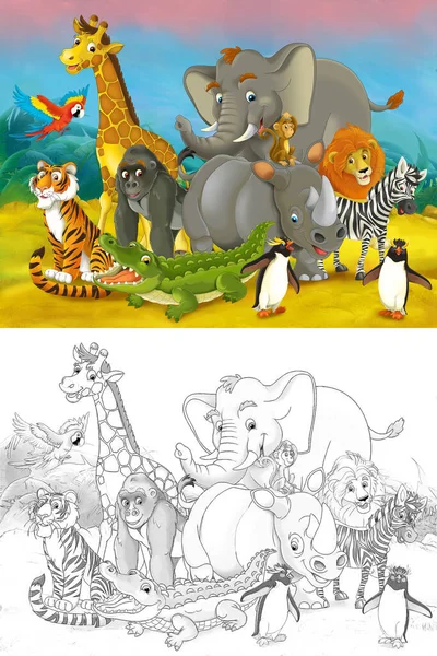 Zeichentrickzoo Szene Mit Sketch Dschungel Mit Verschiedenen Tieren Für Kinder — Stockfoto