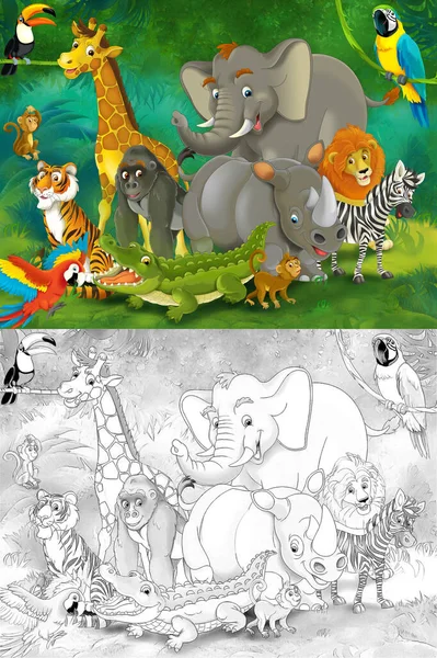 Tegneserie Zoo Scene Med Skitse Junglen Fase Med Forskellige Dyr - Stock-foto